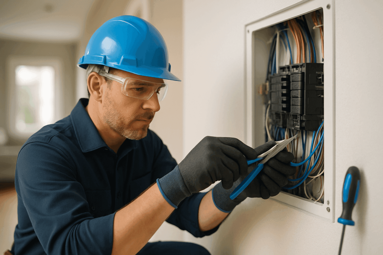 Professional residential electrician wearing PPE working on home electrical wiring