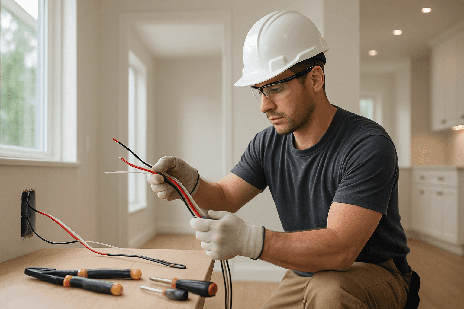 Electrician pulling new wiring through home wall during rewiring project