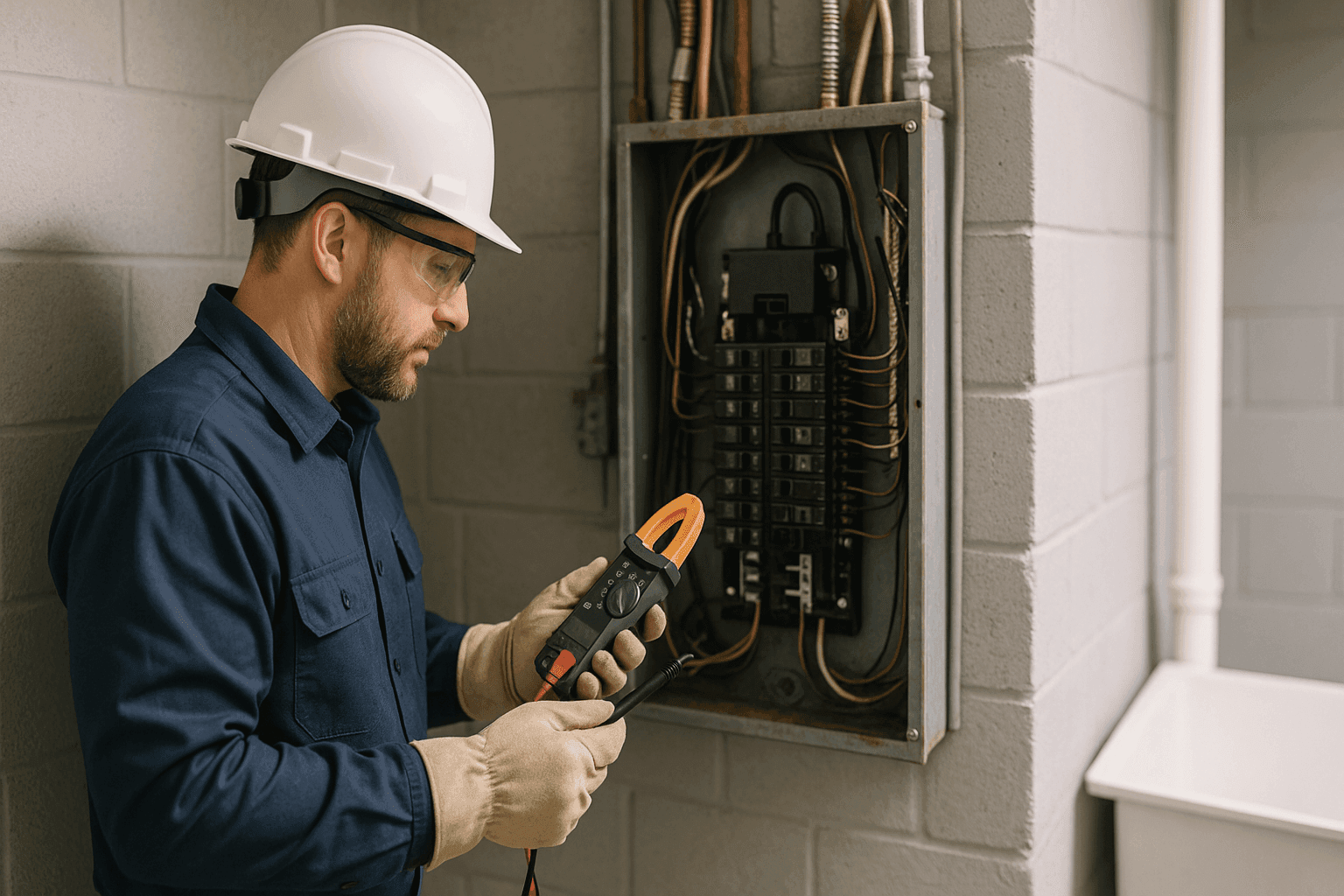 Electrician inspecting old electrical panel for upgrade recommendation